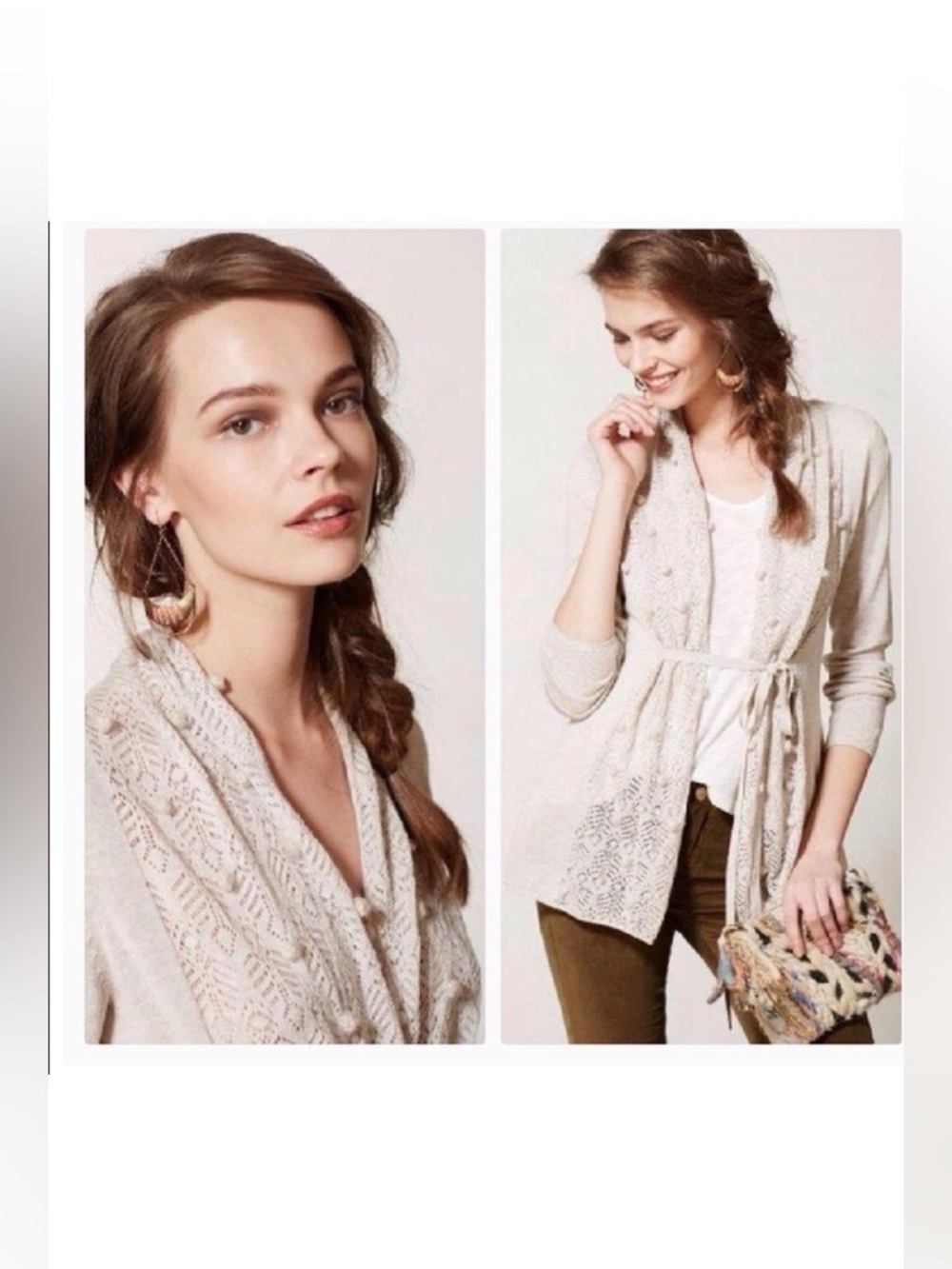 Anthropologie Knotted & Knitted Cream Cardigan Belted Knit Sweater Pom Pom XS